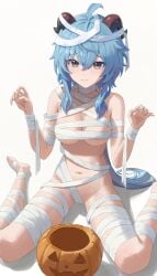 1girls absurd_res absurdres bandaged_arm bandaged_leg bandages bandages_around_breasts bandages_around_chest bare_midriff bare_shoulders barefoot belly belly_button black_horns blue_hair blush blush blush_lines blushing_at_viewer breasts breasts brown_eyes cleavage dot_nose elbows embarrassed embarrassed_female embarrassed_nude_female feet female female_focus female_only fingers full_body ganyu_(genshin_impact) genshin_impact groin hair_between_eyes high_resolution highres hourglass_figure knees legs light_skin llami_0 long_hair looking_at_viewer m_legs medium_breasts navel nude pumpkin red_horns shoulders shy shy_expression shy_face simple_background sitting slender_body slender_waist slim_girl slim_waist soft_shading solo thighs thin_waist toes v-line white_background white_bandages