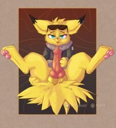 animal_genitalia balls clothing digital_media_(artwork) eeveelution erection feral fur genitals hi_res jolteon looking_at_viewer male mammal nintendo nude open_mouth pawoo penis pokémon_(species) pokemon simple_background smile solo spread_legs spreading topwear video_games yellow_body yellow_fur