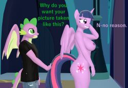 3d alicorn anthro anthrofied big_breasts breasts dragon duo english_text equid equine female friendship_is_magic hasbro horn male mammal membrane_(anatomy) membranous_wings my_little_pony nipples nude papadragon69 spike_(mlp) text twilight_sparkle_(mlp) wings