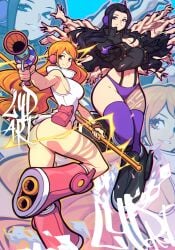 2girls akuma_no_mi ass bare_shoulders belt_bag big_breasts black_footwear black_hair black_jacket boots bracelet breasts clima-tact cropped_jacket electricity female female_only from_side gun hana_hana_no_mi headphones high_collar highres holding holding_gun holding_staff holding_weapon jacket jewelry knee_boots knee_up large_breasts leotard light-skinned_female long_hair looking_at_viewer looking_to_the_side lydart_mclo mature_female midriff multi_arm multi_limb multiple_girls nami navel nico_robin nico_robin_(egghead) official_alternate_costume one_piece one_piece:_egghead_arc orange_eyes orange_hair panties parted_lips pink_bag pink_footwear pink_panties post-timeskip purple_thighhighs radio_antenna science_fiction signature slim_waist staff standing standing_on_one_leg thighhighs underwear wavy_hair weapon white_leotard wide_hips