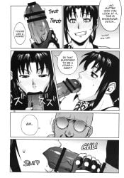 1boy 1girls age_difference azasuke big_penis black_lagoon blowjob boss_and_subordinate censored comic doujinshi duo dutch_(black_lagoon) english_text fellatio hotpants licking licking_penis oral revy tank_top tattoo