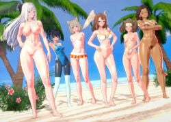 3d 3d_(artwork) 6girls beach belly_button big_breasts blue_eyes blue_hair blush bottomless bottomless_female breasts brown_eyes brown_hair cat_ears cat_tail core_crystal dark-skinned_female dark_hair dark_skin dume elbow_gloves ethel_(xenoblade) eunie_(xenoblade) fair-skinned_female fair_skin female female_only frown green_eyes grin head_wings long_hair medium_breasts mio_(xenoblade) monica_vandham monolith_soft multiple_girls muscular_female navel nintendo nipples no_pubic_hair nude nude_female one-piece_swimsuit palm_tree pubic_hair pussy sena_(xenoblade) shania_(xenoblade) shiny_skin short_hair silver_hair small_breasts smile swimsuit swimwear topless topless_female twintails white_hair xenoblade_(series) xenoblade_chronicles_3 yellow_eyes