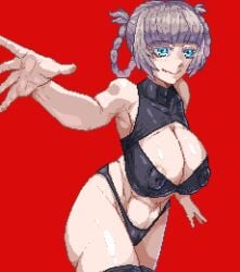 1girls ababachenchen areola_slip belly belly_button big_breasts big_nipples black_bra black_legwear black_panties black_thighhighs blue_eyes bra breasts call_of_the_night cameltoe clothing female female_only legs_together matching_underwear nanakusa nanakusa_nazuna nipple_bulge nipples nipples_visible_through_clothing panties partially_clothed pixel_art red_background short_hair simple_background smile thighhighs thong underwear_only vampire vampire_girl white_hair wide_hips yofukashi_no_uta