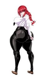 1girls ass big_ass black_pants braid braided_hair chainsaw_man clothed clothed_female de_kurayami female female_only full_body long_hair makima_(chainsaw_man) pants red_hair solo solo_female suit suit_and_tie white_background yellow_eyes