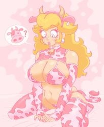 1girls :o blonde_female blonde_hair blue_eyes breasts choker collar confiserie cosplay cow_bikini cow_ears cow_girl cow_horns cow_print cow_tail cowbell earrings fake_animal_ears lips lipstick long_hair mario_(series) pastel pink_cow_bikini pink_cow_print princess princess_peach question_mark royalty speech_bubble thighhighs