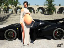 1girls 3d belly big_belly black_hair blacksouls3d breasts car female nipples_visible_through_clothing pregnant solo underboob