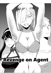 1boy 2girls armpits big_breasts bra captured_heroine damsel_in_distress defeated_heroine doujin doujin_cover doujinshi female female_focus fiona_frost forced_submission half-dressed half_naked heroine_in_trouble large_boobs large_breasts male monochrome multiple_girls nightfall_(spy_x_family) oc ryona spy_x_family underwear vomit vomiting yor_briar yor_forger