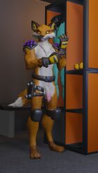 3d accessory anthro belt black_nose canid canine claws clothing epic_games fennix_(fortnite) finger_claws fingerless flaccid fortnite fox fur genitals gloves handwear hi_res humanoid knee_pads locker locker_room male mammal orange_light pat3awelitas300 penis solo spikes toe_claws white_body white_fur yellow_eyes