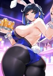 1girls ai_generated alcohol armpits ass ass_focus beer big_ass big_breasts black_hair breasts bunny_ears bunny_girl bunny_tail bunnysuit collar cup depressu fake_animal_ears fake_tail female genshin_impact green_eyes large_ass large_breasts leotard light-skinned_female light_skin mature_female night pantyhose playboy_bunny shiny_clothes strapless_leotard thick_thighs tray wrist_cuffs yelan_(genshin_impact)