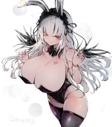 1girls big_breasts bunny_ears bunnysuit cleavage doll_girl doll_joints female huge_breasts large_breasts long_hair red_eyes rozen_maiden silver_hair skimpy_clothes solo standing suigintou sweatdrop thick_thighs thighhighs tousen white_hair