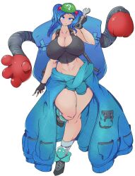 1girls anime_style backpack big_breasts blue_eyes blue_hair breasts cleavage clothed_female curvy curvy_female greenm hat light-skinned_female nipple_bulge nitori_kawashiro robotic_arm solo solo_female tank_top thick_thighs thighs touhou twintails white_background wrench