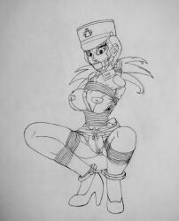 1girls ball_gag black_and_white bondage crotch_rope crouch crouched crouching crouching_female female female_focus female_only handcuffs high_heels nintendo officer_jenny_(pokemon) pokemon raver1357 reverse_prayer rope rope_bondage solo traditional_media traditional_media_(artwork)