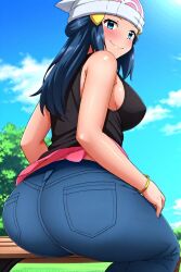 1girls ai_generated ass_focus big_ass big_breasts blue_hair blue_jeans blush busty creatures_(company) curvy dawn_(pokemon) female female_only from_behind game_freak hair_ornament hat hi_res highres human jeans nintendo perky_breasts pokemon pokemon_(game) pokemon_dppt pokemon_trainer seraphim_ai sitting smile solo solo_female stable_diffusion thick_thighs tight_jeans