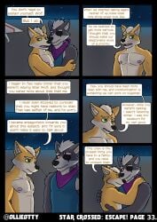 absurd_res anthro clothed clothing comic dialogue duo embrace english_text eye_patch eyewear fox_mccloud hangar hi_res hug love male nintendo nipples nude ollieotty page_33 page_number pecs romantic romantic_couple sad space speech_bubble star_fox wolf_o'donnell