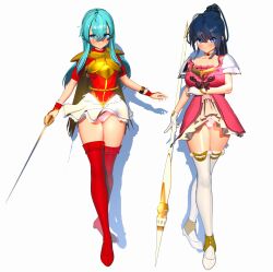 2girls 3d aqua_hair bangs bare_thighs blue_eyes blue_hair boots braid breasts crossed_legs dark_blue_eyes dark_blue_hair eirika_(fire_emblem) female female_only fire_emblem fire_emblem:_the_sacred_stones full_body fully_clothed gloves hair_between_eyes kool5mg large_breasts light_blue_eyes light_blue_hair long_hair looking_at_viewer medium_breasts multiple_girls nintendo panties pantyshot pantyshot_(standing) ponytail revealing_clothes skirt spear standing sword tana_(fire_emblem) thigh_boots thighs twin_braids upskirt very_long_hair weapon white_background white_panties