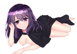 black_cape breasts cape fault fault_milestone looking_at_viewer lying_on_side naked_cape nipples on_side purple_eyes purple_hair ritona_reighnvhasta smile smiling_at_viewer