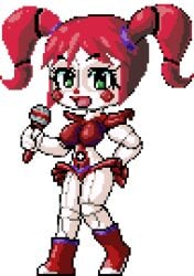 animated animatronic animatronic_female baby_(fnafsl) bangs boots bouncing_breasts circus_baby circus_baby_(fnaf) clown clown_girl clown_makeup five_nights_at_freddy's five_nights_at_freddy's:_sister_location fnaf green_eyes hair large_breasts lipstick microphone midriff pixel_art red_boots red_hair red_lipstick rosy_cheeks short_skirt sister_location skirt solo twintails white_skin