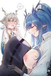 1girls 2024 2girls absurd_res arknights big_breasts blue_eyes blue_hair blush breast_sucking breasts breasts_out doctor_(arknights) dragon_girl dragon_horns elsi flat_chest flat_chested hi_res hug jealous lactation light-skinned_female light_skin ling_(arknights) long_hair milk milking multicolored_hair nipples pointy_ears shu_(arknights) simple_background sisters smile sucking sucking_nipples