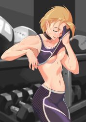 after_exercise after_workout athletic athletic_female bare_shoulders blonde_hair breasts cammy_white clothes_lift crop_top female gym highres mattpainte medium_breasts pants petite shirt_lift short_hair sleeveless street_fighter street_fighter_6 sweat underboob wiping wiping_sweat wiping_with_shirt