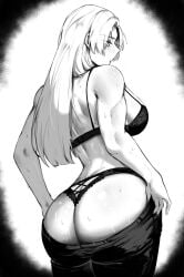 1girls ass_focus backshots big_ass big_breasts black_and_white black_thong blush bra curvy fat_ass female female_focus female_only jujutsu_kaisen large_breasts masoq095 muscles muscular_female pants pants_down solo sweat sweatdrop taking_clothes_off thong underwear wide_hips yuki_tsukumo