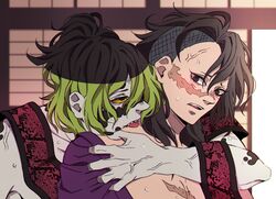 2boys black_hair blush body_markings crack_pairing demon_boy demon_slayer facial_markings gay genya_shinazugawa grey_skin gyutaro kimetsu_no_yaiba male male_only mismar mohawk scar sharp_teeth sweat two_tone_hair upper_body yaoi yellow_sclera