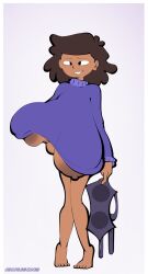 amphibia areolae barefoot big_breasts bootlegjones braless dark-skinned_female dark_skin feet huge_breasts mostly_nude mrs._boonchuy nipple_slip nipples oum_boonchuy partially_clothed sagging_breasts solo toes watermark