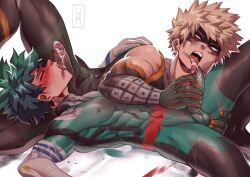 2boys 69 black_pubic_hair blonde_hair blush body_paint catching_cum cum_drip gay green_hair hero_outfit_(mha) izuku_midoriya katsuki_bakugou my_hero_academia open_mouth painted_clothes precum pubic_hair red_eyes wildmage yaoi