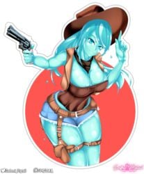 blue_hair breasts corset cowgirl cowgirl_(western) cowgirl_hat cowgirl_outfit slime slime_girl sodomi_pigtail sticker thick thick_thighs