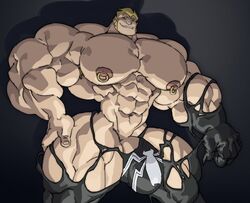 1boy abs biceps black_shirt blonde_hair blue_eyes bulge crop_top eddie_brock excessive_muscles flaccid goo hairy_armpits hand_on_hip huge_balls huge_cock huge_testicles human hyper hyper_balls hyper_genitalia hyper_muscles hyper_penis hyper_testicles light-skinned_male light_skin looking_at_viewer looking_down male male_focus male_only marvel marvel_comics muscular muscular_arms muscular_legs muscular_male muscular_thighs nipples pecs pierced_nipples piercing piercings remert shirt smile solo solo_male spider-man_(series) thick_thighs tight_clothing underwear veiny_penis venom_(marvel)