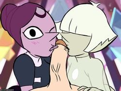 1boy 2girls alien alien_girl aubergine_pearl blush cartoon_network collaborative_fellatio coombrain15 fellatio female gem_(species) green_skin hair_bun hair_over_eyes interspecies licking licking_penis light-skinned_male lonely_pearl_(steven_universe) multiple_girls pearl_(gem) penis pointy_nose purple_hair purple_skin short_hair steven_universe steven_universe:_the_phantom_fable steven_universe_future white_hair wink winking