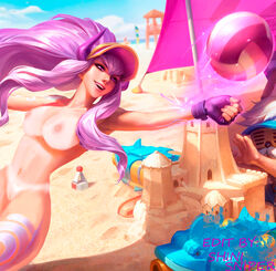 1girls beach breasts cloud edit fingerless_gloves functionally_nude gloves hat league_of_legends nude_edit official_art outside pool pool_party_syndra purple_hair pussy sand sand_castle shini_sniper sky syndra tanline volleyball