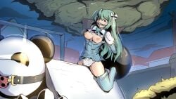 ball_gag bondage breasts exposed_breasts gag gagged large_breasts magia_azul mahou_shoujo_ni_akogarete minakami_sayo park theoallen thick_thighs thigh_boots thighs tied_up torn_clothes wooden_horse