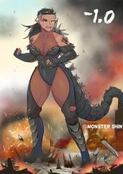 2024 black_hair giantess gijinka godzilla godzilla_(series) godzilla_minus_one humanized kaiju kaiju_girl monster_girl monster_shin pointy_ears rule_63 scar tagme tail thick_thighs yellow_eyes