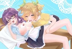 2girls apron bell black-framed_eyewear black_skirt blonde_hair blue_background blue_ribbon blue_shirt blush breasts breasts_apart buttons cherry clothed_sex clothes_lift commentary_request cream_on_body cream_on_breasts daiba_nana double-breasted fingering fingernails food food_on_face frilled_skirt frills fruit glasses green_eyes green_ribbons groin hair_ribbon halftone halftone_background hand_to_own_mouth hand_up highres hoshimi_junna jingle_bell lace_background leaning_forward licking licking_breast long_hair looking_at_viewer low_ponytail lying medium_breasts miniskirt multiple_girls no_bra no_panties official_alternate_costume official_alternate_hairstyle on_back on_table open_clothes open_mouth open_shirt parted_lips puffy_short_sleeves puffy_sleeves purple_hair pussy ribbon saliva shirt short_hair short_sleeves short_twintails shoujo_kageki_revue_starlight shroomia side_ponytail skirt skirt_lift standing table tongue tongue_out twintails vaginal_penetration waist_apron waitress whipped_cream white_apron yellow_shirt yuri