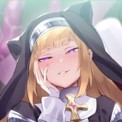 blonde_hair blush charlotte_(exorcist_charlotte) cropped cross exorcist_charlotte hand_on_own_face heart-shaped_pupils incomplete incomplete_image looking_at_viewer mizuki_konoe nanaichi nun purple_eyes smile third-party_edit