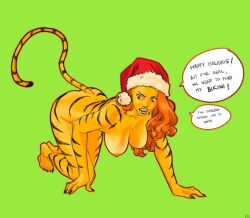 1girls 2024 anthro anthro_female ass avengers christmas crawling feet female female_focus female_only full_body fully_nude green_eyes greer_grant marvel marvel_comics nude nude_female on_floor on_knees orange_fur orange_hair orange_skin solo solo_female solo_focus speech_bubble striped stripes tagme tagme_(artist) tail tigra tits