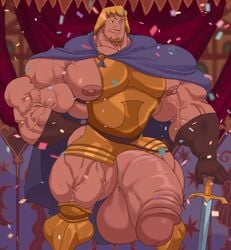 abs armor arms_behind_back biceps blonde_hair cape confetti disney facial_hair flaccid gloves gold helmet huge_balls huge_cock huge_testicles human hyper hyper_balls hyper_genitalia hyper_muscles hyper_penis hyper_testicles looking_at_penis looking_down male male_focus male_only muscle muscles muscular muscular_arms muscular_legs muscular_male muscular_thighs nipples pecs phoebus purple remert smile smiling solo solo_male sword thick_thighs veiny_muscles veiny_penis