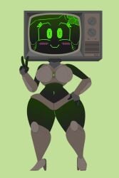 ass ass big_ass big_butt brain_dump breasts burnbot cheek_blush flower_in_hair green_eyes green_hair happy hotdiggedydemon peace_sign robot robot_humanoid scobionicle99 smile smiling smiling_at_viewer television television_screen thick_thighs thighs tv tv_head tv_screen