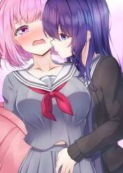 2girls asahina_mafuyu before_sex blush breasts female female_only implied_fingering jacket long_hair looking_at_partner miyamasuzaka_girls'_academy_school_uniform no_visible_genitalia ootori_emu pink_eyes pink_hair platinatelier project_sekai purple_hair sailor_uniform school_uniform short_hair yuri