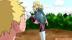 1boy 1boy1girl 1girls bare_thighs belly_button blonde_hair blush boruto:_naruto_next_generations breasts cameltoe clothed clothing delta_(boruto) dominant_female facial_markings female femdom foot_fetish foot_on_face forehead_mark fully_clothed hi_res high_resolution highres jeksun leg_lift leg_up legwear light-skinned_female light-skinned_male light_skin lips lipstick long_fingernails long_nails makeup male male/female nail_polish naruto naruto_(series) naruto_uzumaki one_leg_up outdoors outside painted_nails pale-skinned_female pale-skinned_male pale_skin panties perky_breasts pink_eyes pussy shounen_jump small_breasts standing standing_on_one_leg straight striped_panties submissive_male sweat sweatdrop thighhighs thighs underwear upskirt uzumaki_naruto vagina whisker_markings whiskers yellow_hair yellow_lips yellow_lipstick yellow_nail_polish yellow_nails