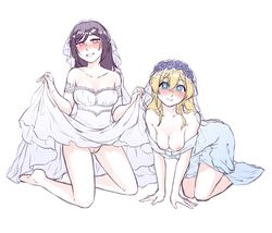 2girls all_fours barefoot blonde_hair blush breasts bridal_veil bride dress_lift dress_pull fault fault_milestone flower flower_crown multiple_girls nipples on_knees pink_eyes purple_hair pussy ritona_reighnvhasta selphine_rughzenhaide veil wedding_dress