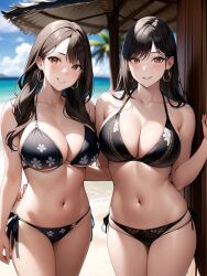 2girls ai_generated ai_mirror beach beach_umbrella belly_button bikini black_bikini black_hair blush brown_eyes brown_hair earrings hand_on_another's_hip long_hair looking_at_viewer medium_breasts palm_tree sea seaside smile standing together white_skin