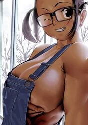 1girls arung_samudra_(cessa) breast_grab breasts cessa cleavage dark-skinned_female dark_skin female female_only glasses huge_breasts naked_overalls overalls overalls_only sideboob smile solo wink