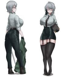 big_breasts black_gloves cagez faust_(limbus_company) female female_focus female_only fully_clothed glasses gloves gray_eyes high_heels limbus_company office_lady project_moon short_hair white_background white_hair white_shirt