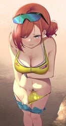 akinoji_(akiponpon27) alternate_version_available arisugawa_natsuha bikini breast_hold cleavage hairy_pussy megane panty_pull pubic_hair pussy pussy_juice swimsuits the_idolm@ster the_idolm@ster_shiny_colors torn_clothes uncensored undressing wet