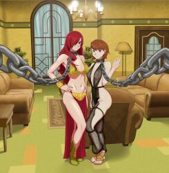 annoyed_expression chains collar female female_focus femsub leash loincloth long_legs looking_at_viewer megami_tensei mitsuru_kirijo nic0_robin69 oola_(cosplay) pelvic_curtain persona persona_3 slave_bikini slave_collar slave_leia_(cosplay) slave_outfit slavegirl star_wars two_girls yukari_takeba