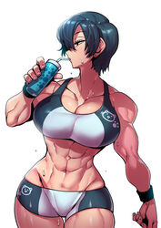 abs athletic_female biceps big_breasts black_wristband character_request drinking ear_piercing gym_shorts looking_away muscular muscular_female muscular_thighs short_hair short_shorts simple_background sports_bra sweat tsuki_wani tsukiwani tukiwani very_short_hair water_bottle white_background wristband