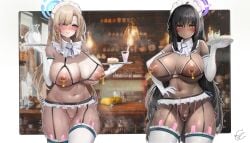 2girls alternate_costume asuna_(blue_archive) black_garter_straps black_hair blonde_hair blue_archive blue_eyes blush bra breasts cake cake_slice cleaning_&_clearing_(blue_archive) cowboy_shot cupless_bra dark-skinned_female dark_skin detached_collar elbow_gloves english_commentary food garter_straps gloves gold halo hand_on_own_hip highres holding holding_plate huge_breasts karin_(blue_archive) long_hair looking_at_viewer maid_headdress millennium_science_school_student multiple_girls nipple_piercing nipples piercing plate remote_control_vibrator revealing_clothes sex_toy sweat thighhighs underwear very_long_hair vibrator vodeferr white_gloves white_thighhighs yellow_eyes