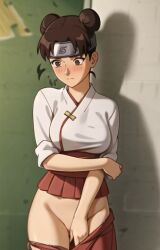 1girls ai_generated anxious blush brown_hair hand_on_pussy kimono looking_down naruto naruto_(series) naruto_shippuden partially_clothed tenten