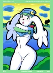 2022 absurd_res anthro balls blush bottomless bottomless_male clothed clothing digital_media_(artwork) femboy flaccid floppy_ears fur generation_4_pokemon genitals green_eyes green_hair hair headgear headwear hi_res humanoid_genitalia humanoid_penis lake legendary_pokemon looking_at_viewer lunaris_parukia male mostly_nude navel nintendo noa_(lunaris_parukia) open_mouth penis pokemon pokemon_(species) pokemorph public public_exposure shaymin shirt sky_forme_shaymin solo surprised_expression topwear undressing white_body white_fur